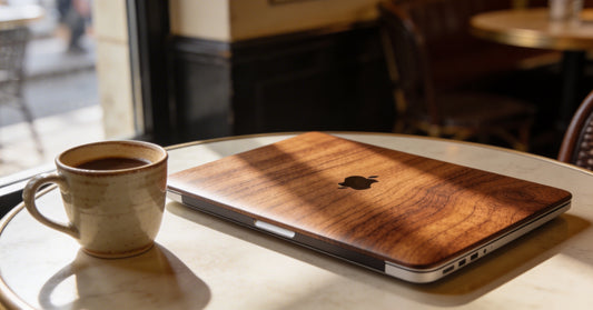 MacBook Air avec cover en bois de noyer Woodstache posé sur une table de café, lumière naturelle