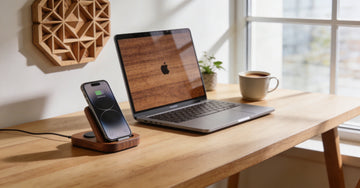 Bureau naturel complet Woodstache cover MacBook chargeur à induction et tableau mural en bois de noyer