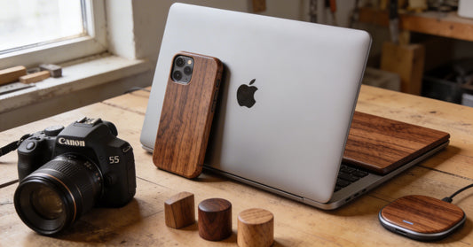Ensemble MacBook avec cover bois iPhone avec coque bois et chargeur en noyer Woodstache même essence même atelier