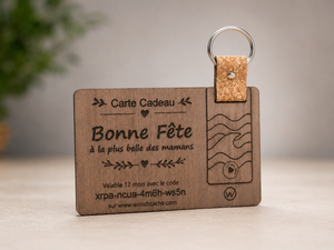 Carte Cadeau Bois Noyer Édition Fête des Mères - Gravure Laser & Porte-Clé Liège Made in France