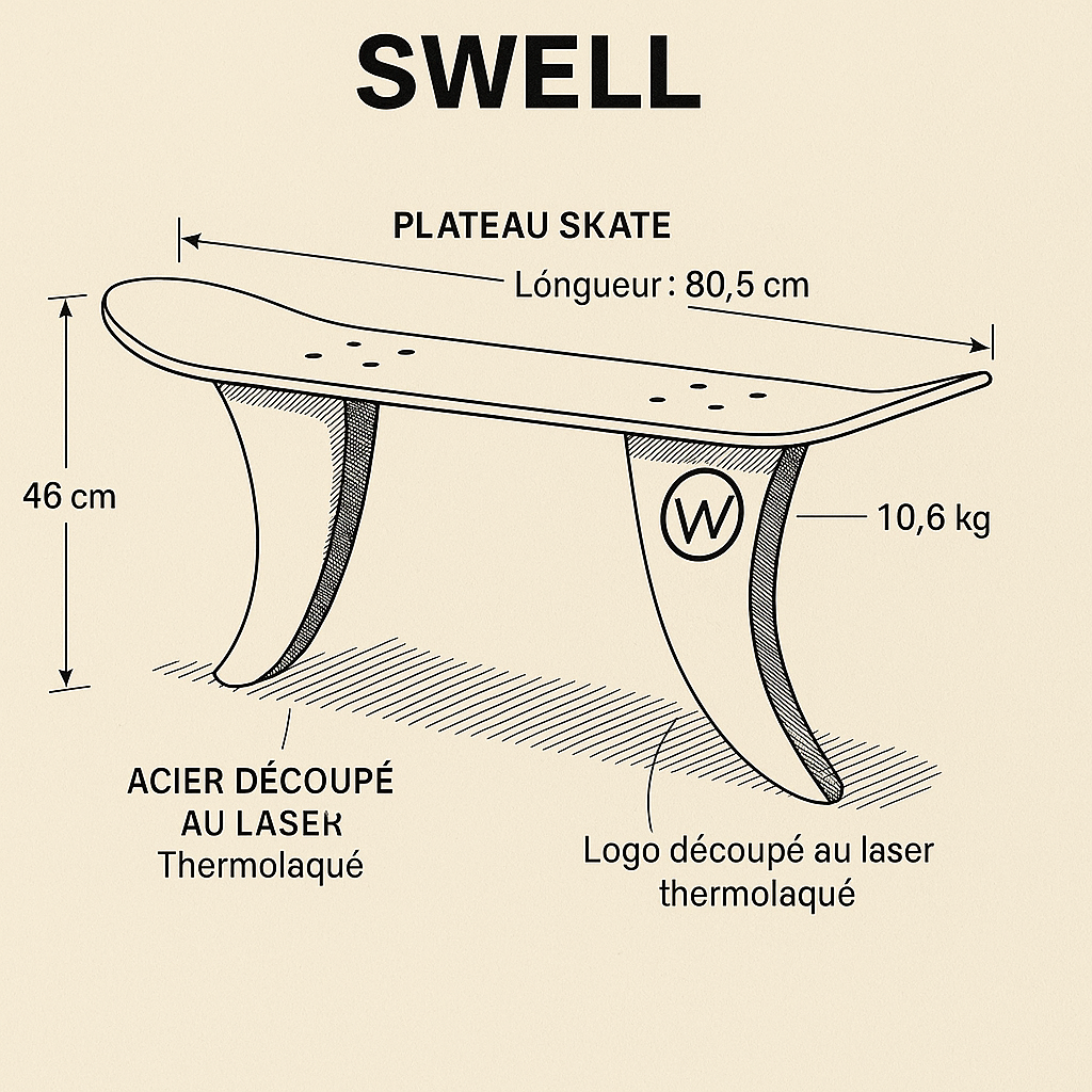 Banc Skate SWELL Natural Sans gravure - Pieds Ailerons Premium Made in France