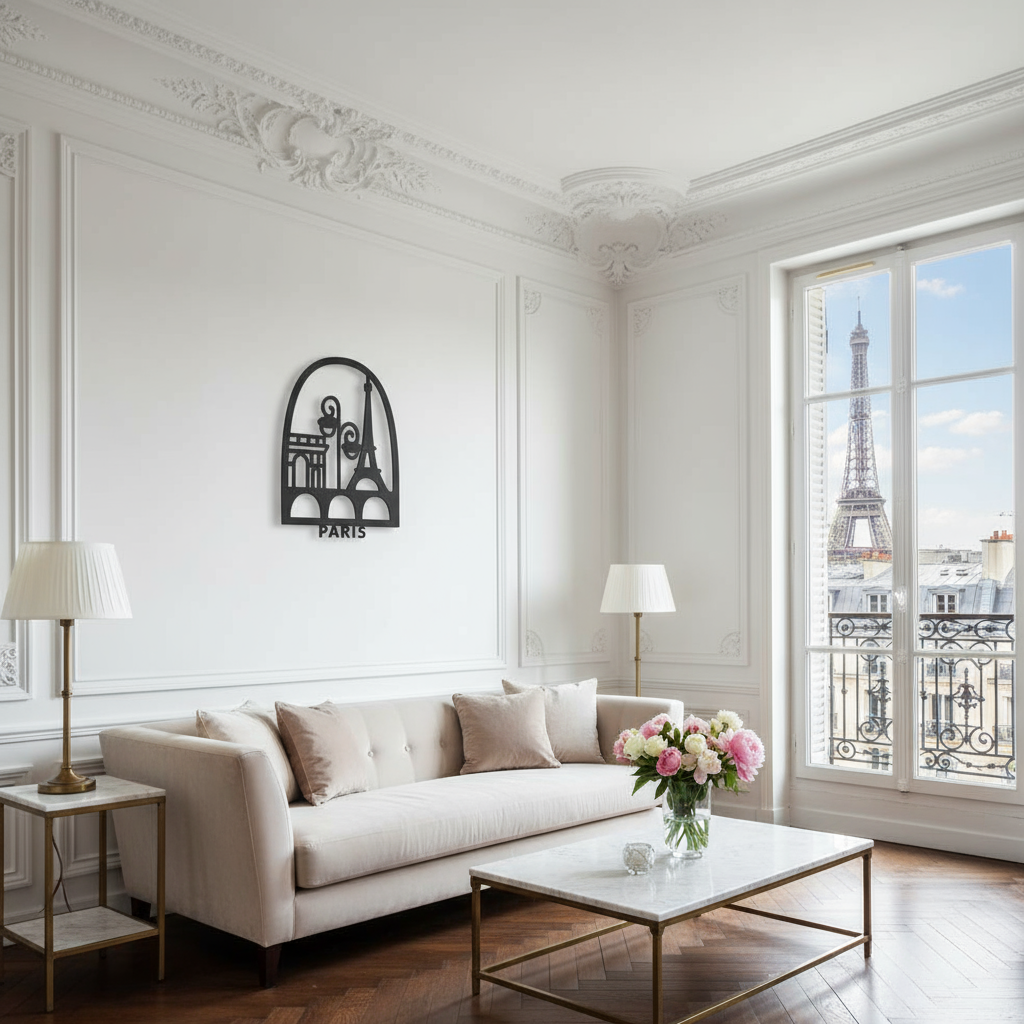 Décoration murale PARIS dans appartement haussmannien avec vue Tour Eiffel