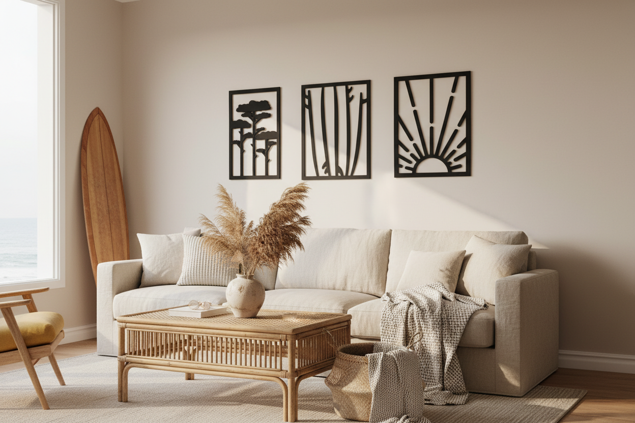 Galerie murale bohème avec tableaux PINS, SURF et SUNSET Woodstache