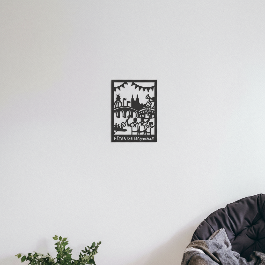 Décoration murale bois FÊTES DE BAYONNE dans appartement avec vue Place de la Liberté festayres blanc rouge
 petit modèle FÊTES DE BAYONNE