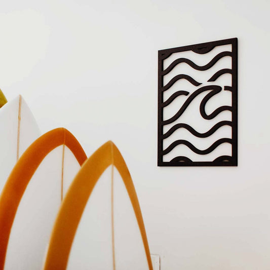 Décoration murale bois VAGUE océan Atlantique surf fibro bois noir artisanal français design contemporain
